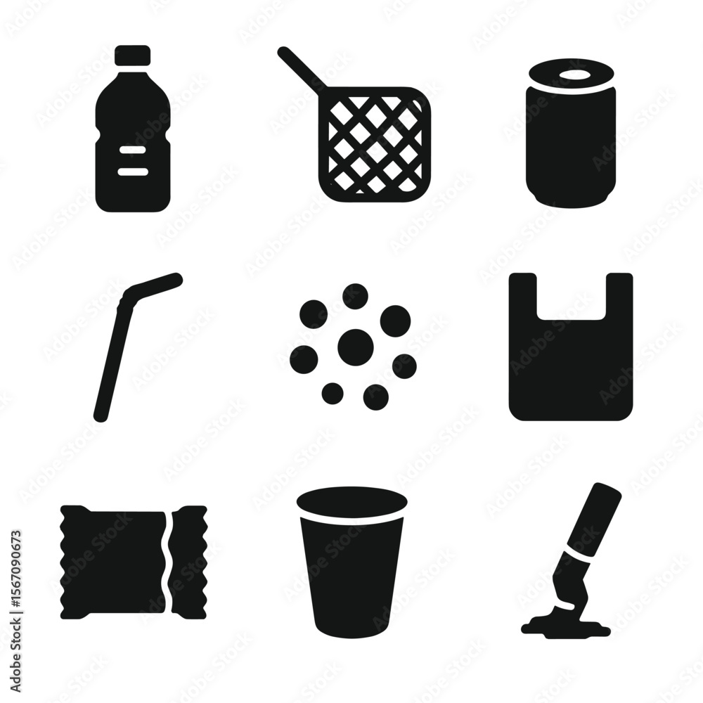 Fototapeta premium Marine Debris Icons. Solid, filled icon set of marine debris types: plastic bottle, fishing net, soda can, plastic bag,