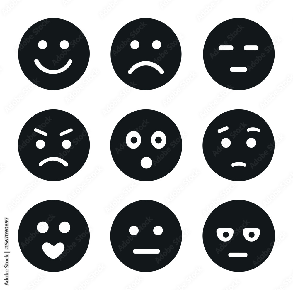 Fototapeta premium Essential Emotion Icons. Solid, filled icons set of essential emotions: smile, sad, calm, angry, surprised,