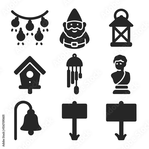 Garden Décor Icons. Solid, filled icons set of garden décor for small spaces: fairy lights, garden gnome,