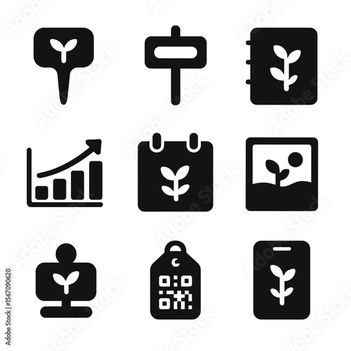Garden Growth Icons. Solid, filled icons set of labeling and tracking growth: plant tag, labeled stick,
