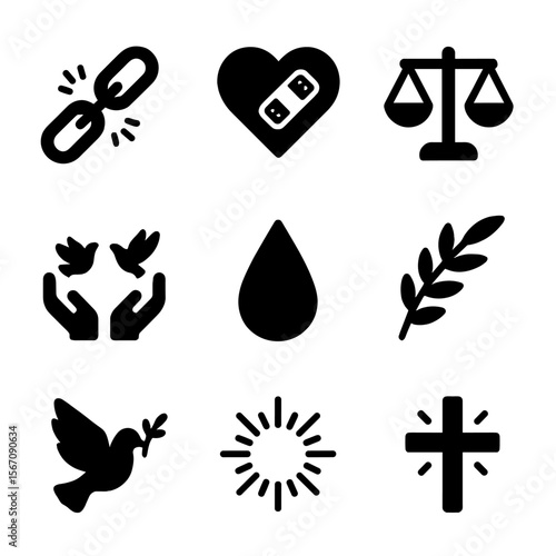 Repentance Icons Grid. Solid, filled icon set of repentance and forgiveness: broken chain, heart with bandage, scales of justice,