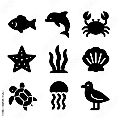 Ocean Life Icons. Solid, filled icon set of ocean life near beach: fish, dolphin, crab, starfish, seaweed, shell, turtle,
