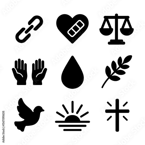 Repentance Icons Grid. Solid, filled icon set of repentance and forgiveness: broken chain, heart with bandage, scales of justice,