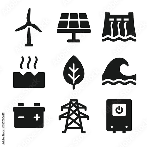 Renewable Energy Icons. Solid, filled icon set of renewable energy solutions: wind turbine, solar array, hydro dam, geothermal