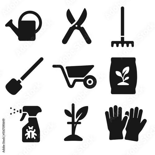 Garden Tool Icons. Solid, filled icons set of garden maintenance tasks: watering can, pruning shears, rake,