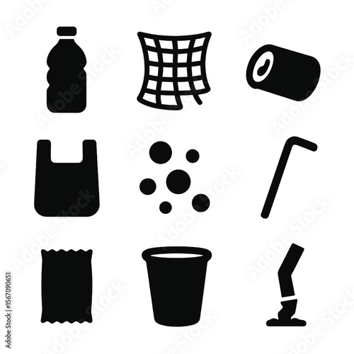 Marine Debris Icons. Solid, filled icon set of marine debris types: plastic bottle, fishing net, soda can, plastic bag,