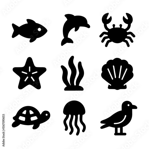 Ocean Life Icons. Solid, filled icon set of ocean life near beach: fish, dolphin, crab, starfish, seaweed, shell, turtle,