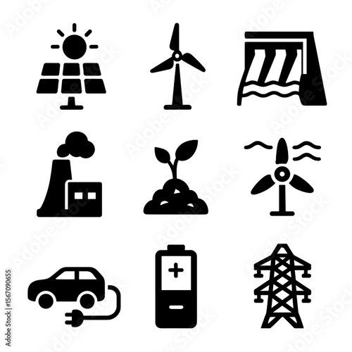 Renewable Energy Icons. Solid, filled icon set of renewable energy sources: solar panel, wind turbine, hydroelectric dam,