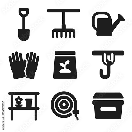 Garden Tools Icons. Solid, filled icons set of garden tools in garage storage: shovel icon, rake hanger,