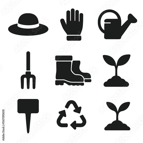 Garden Tools Icons. Solid, filled icons set of garden helper tools and wear: straw hat, garden glove, watering