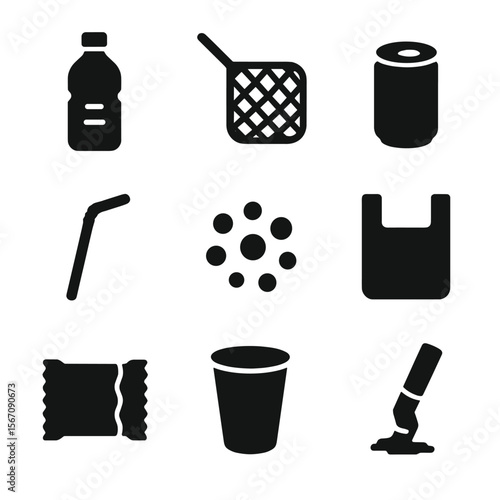 Marine Debris Icons. Solid, filled icon set of marine debris types: plastic bottle, fishing net, soda can, plastic bag,
