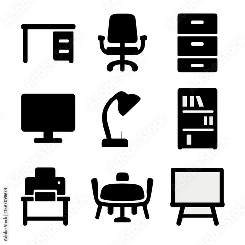 Office Furniture Icons. Solid, filled icon set of office furniture: office desk, swivel chair, filing cabinet, computer monitor,