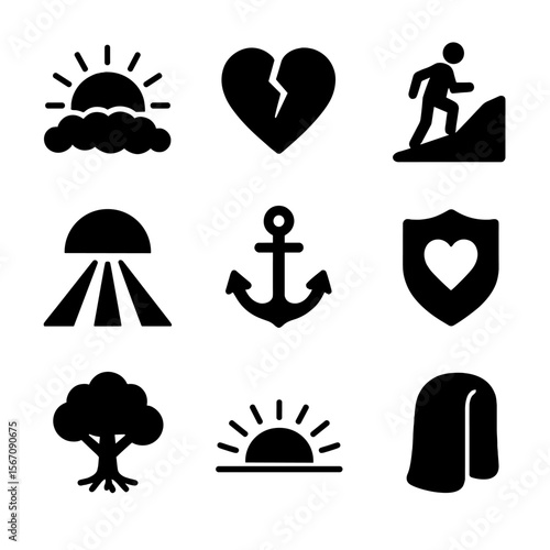 Resilience Icon Set. Solid, filled icon set of resilience and light: sunrise above storm, cracked but whole icon, uphill climb,