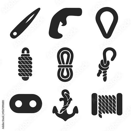Maritime Rope Tool Icons. Solid, filled icon set of maritime rope tools: splicing needle, rope cutter, rope thimble, fender rope,