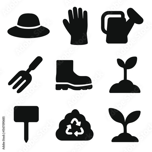 Garden Tools Icons. Solid, filled icons set of garden helper tools and wear: straw hat, garden glove, watering