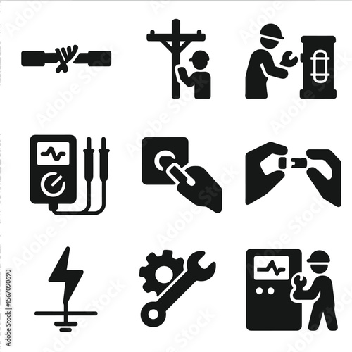 Repair Task Icons. Solid, filled icon set of repair tasks: wire splicing, pole inspection, transformer repair, circuit testing,