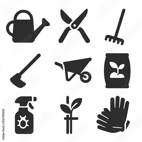 Garden Tool Icons. Solid, filled icons set of garden maintenance tasks: watering can, pruning shears, rake,
