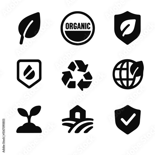 Organic Certification Icons. Solid, filled icon set of organic food certification symbols: leaf emblem, USDA organic seal,