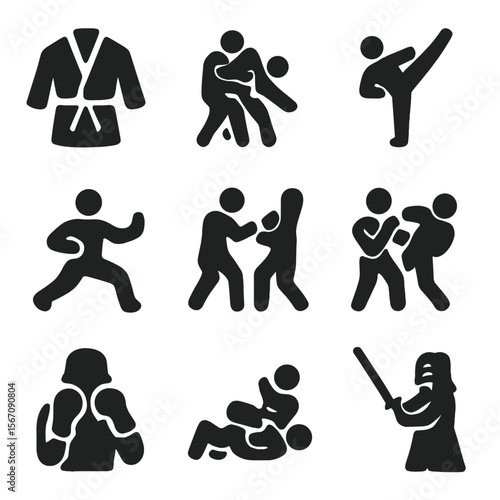 Martial Arts Icons. Solid, filled icon set of martial arts disciplines: karate gi, judo throw, taekwondo kick, kung fu pose,