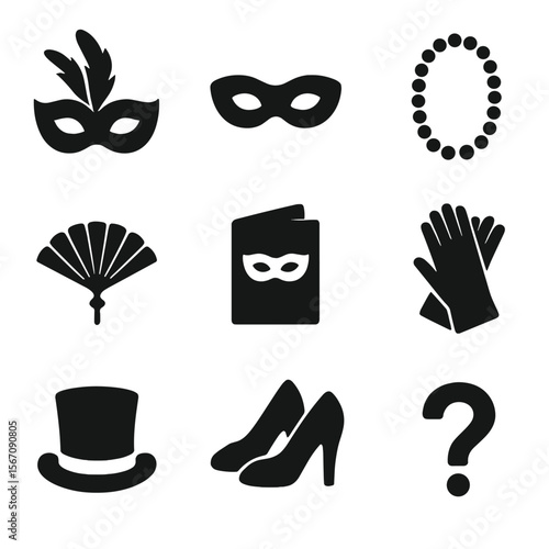 Masquerade Icon Set. Solid, filled icon set of masquerade essentials: feathered mask, eye mask, beaded necklace, handheld fan,