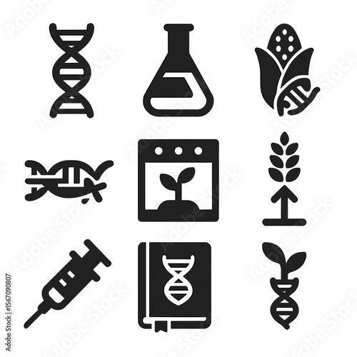 Genetic Crops Icons. Solid, filled icons set of genetically engineered crops: DNA strand, lab flask, modified