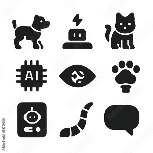 Robotic Companion Icons. Solid, filled icon set of robotic companions: robot dog, robot cat, charging dock, data chip, AI eye,