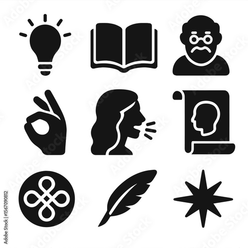 Generational Wisdom Icons. Solid, filled icons set of generational wisdom: lightbulb, open book, wise elder,