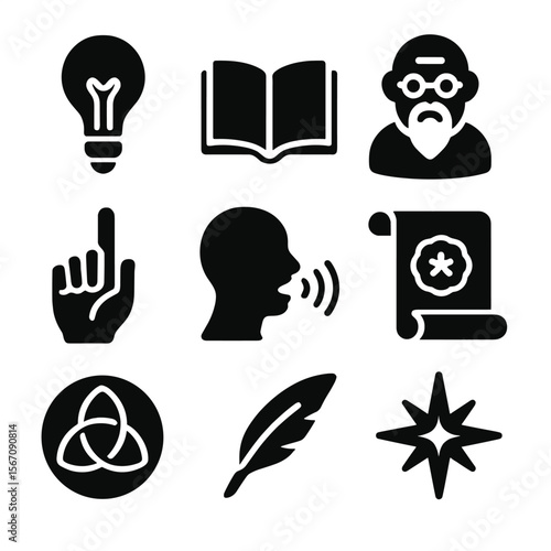 Generational Wisdom Icons. Solid, filled icons set of generational wisdom: lightbulb, open book, wise elder,
