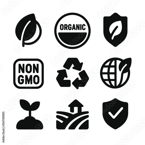 Organic Certification Icons. Solid, filled icon set of organic food certification symbols: leaf emblem, USDA organic seal,
