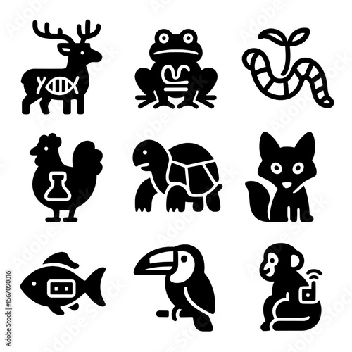 Genetic Climate Icons. Solid, filled icons set of genetically engineered climate animals: CRISPR deer,