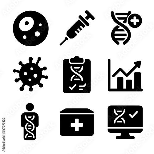 Gene Therapy Icons. Solid, filled icons set of gene therapy research: cell icon, injection icon, healing DNA,