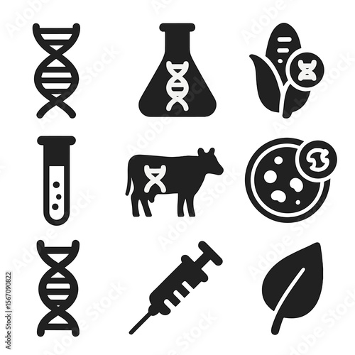 Genetic Modification Icons. Solid, filled icons set of genetically modified plants and animals: DNA strand,