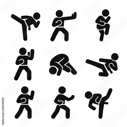 Martial Arts Icons. Solid, filled icon set of focused martial arts movements: side kick, palm strike, knee thrust, block stance,