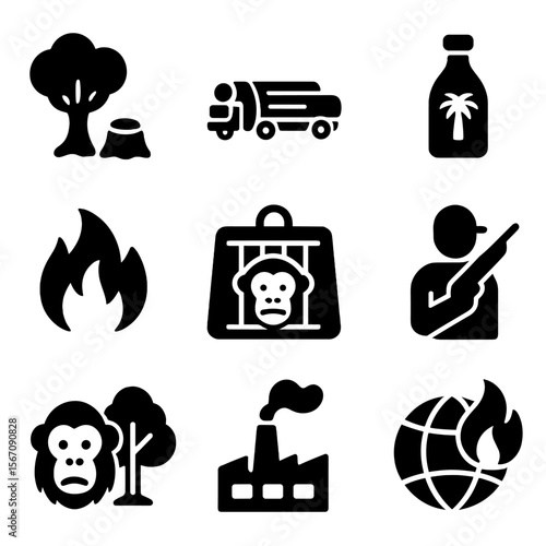 Orangutan Threats Icons. Solid, filled icon set of orangutan threats: deforestation, logging truck, palm oil, fire, illegal pet