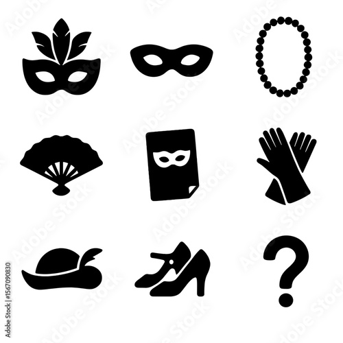 Masquerade Icon Set. Solid, filled icon set of masquerade essentials: feathered mask, eye mask, beaded necklace, handheld fan,