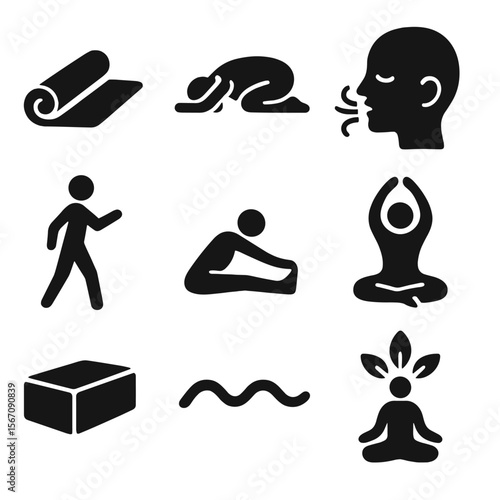 Gentle Yoga Icons. Solid, filled icons set of gentle yoga and breathing: yoga mat, child’s pose, calm breath,