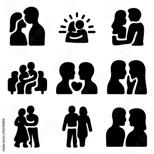 Romantic Icon Set. Solid, filled icon set of romantic hugs: forehead kiss, sunset hug, hand around waist, cuddling on couch, slow