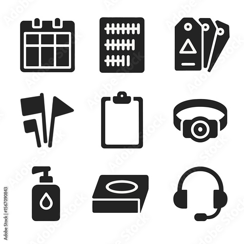 Mass Casualty Tools Icons. Solid, filled icon set of mass casualty management tools: incident command board, casualty count form,