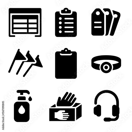 Mass Casualty Tools Icons. Solid, filled icon set of mass casualty management tools: incident command board, casualty count form,