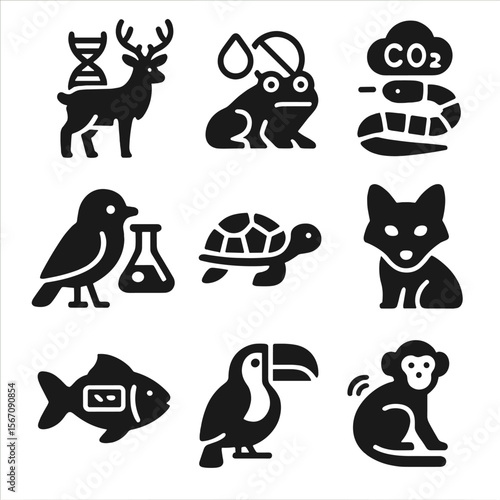 Genetic Climate Icons. Solid, filled icons set of genetically engineered climate animals: CRISPR deer,