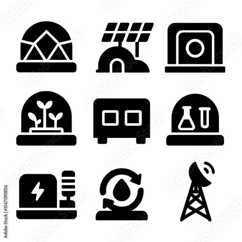 Martian Habitat Icons. Solid, filled icon set of Martian habitat: dome structure, solar panels, airlock, hydroponic garden, living