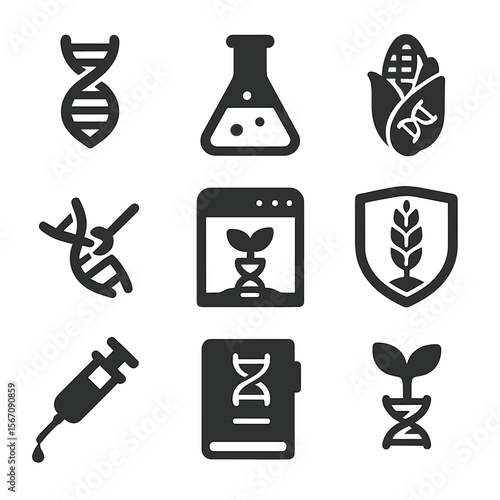 Genetic Crops Icons. Solid, filled icons set of genetically engineered crops: DNA strand, lab flask, modified