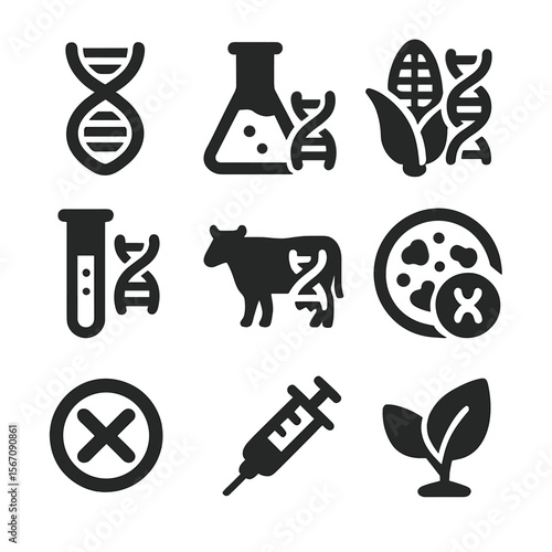 Genetic Modification Icons. Solid, filled icons set of genetically modified plants and animals: DNA strand,