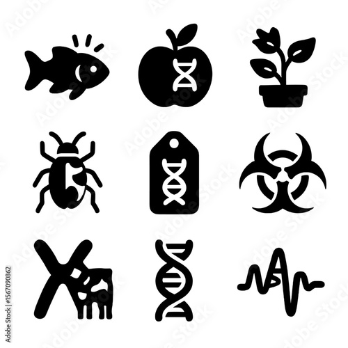 Genetic Modifications Icons. Solid, filled icons set of modified organisms: glowing fish, altered fruit,