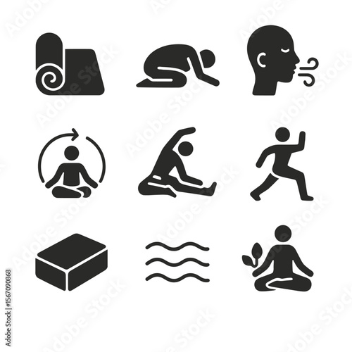 Gentle Yoga Icons. Solid, filled icons set of gentle yoga and breathing: yoga mat, child’s pose, calm breath,