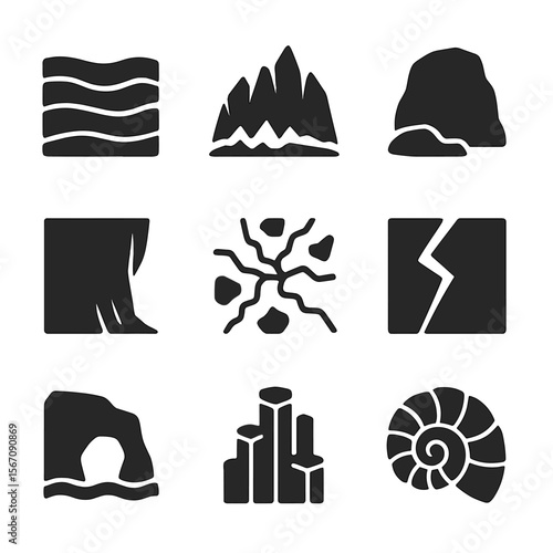 Geological Coastal Icons. Solid, filled icons set of geological coastal features: sediment layers, jagged