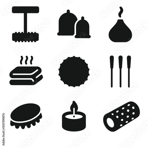 Massage Therapy Icons. Solid, filled icon set of massage therapy tools: massage roller, cupping set, essential oil diffuser, hot
