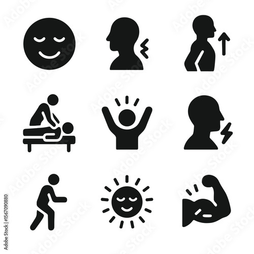 Massage Outcomes Icons. Solid, filled icon set of massage session outcomes: relaxed face, reduced tension, improved posture,
