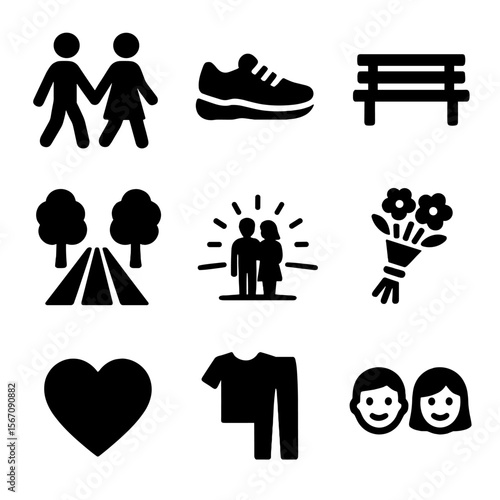 Romantic Stroll Icons. Solid, filled icon set of hand-in-hand stroll moments: holding hands, walking shoes, park bench, tree-lined