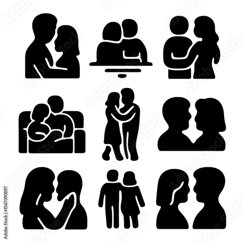 Romantic Icon Set. Solid, filled icon set of romantic hugs: forehead kiss, sunset hug, hand around waist, cuddling on couch, slow